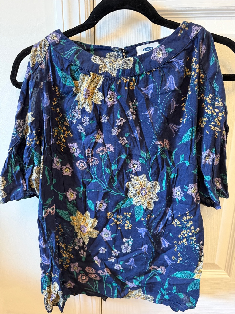 Old Navy Navy Floral Off-Shoulder Peasant Top